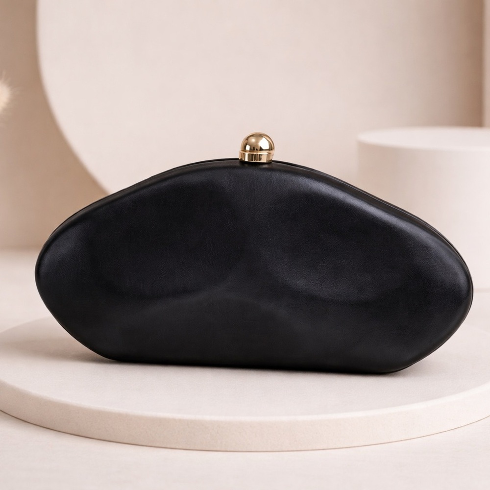 Matte Black Oval Clutch | Gold Clasp Evening Purse